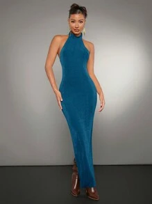 SHEIN BAE Women's Backless Solid Color Halter Neck Dress,Valentine's Day,Valentine Outfits For Women - Teal Blue - View 4