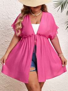 SHEIN VCAY Kimono rộng rãi buộc dây màu trơn cỡ lớn cho nữ có thắt lưng bản rộng mùa hè - Màu Hồng Tươi - Xem 7