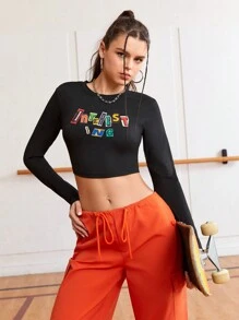 Gameset SHEIN Sport Letter Printed Cropped Athletic T-Shirt - Black - View 5