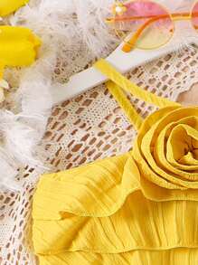 SHEIN Sweet Ruffle Trim Halter Neck Top And Casual Shorts Two-Piece Set For Young Girls - Yellow - View 4