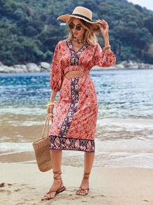 SHEIN VCAY Summer Beach Women's Floral Print Hollow Out Dress