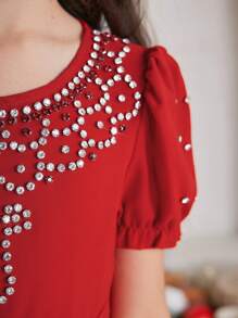 SHEIN Girls' Gorgeous Medium-Long Woven Dress - Red - View 4