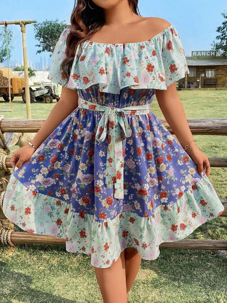 Plus Size Color Block Floral Printed Off Shoulder Dress