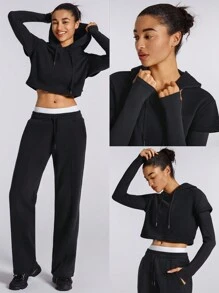 GLOWMODE Everyday Terry 2-In-1 Drawstring Long Sleeve Cropped Hoodie Sweatshirt With Thumbhole - Black - View 7