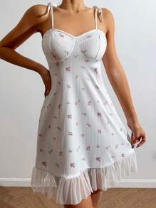 CottageSlumber 女士花卉印花圆形交织网眼撞色吊带睡衣吊带裙 - 白色 - 查看 5