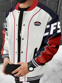 Manfinity Hypemode Veste De Baseball Pour Hommes / Boutonnée Avec Motif D'alphabet Et Bordure Contrastante