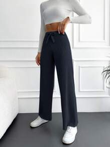 SHEIN Cottnline Ladies' Tie Waist Ribbed Wide Leg Pants - Navy Blue - View 3