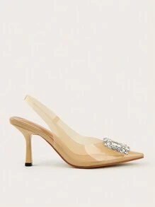 Rhinestone Decor Point Toe Slingback Pumps - Apricot - View 2