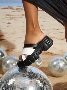 SheIn SXY Women's Black And White Fashionable Round-toe Flat Slippers