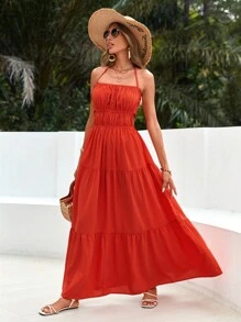 SHEIN VCAY Solid Color Vacation Halter Neck Backless Strap Sundress - Burnt Orange - View 3
