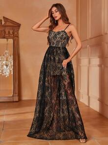 Faeriesty Lace Floor Length Elegant Cami Party Dress - Black - View 3