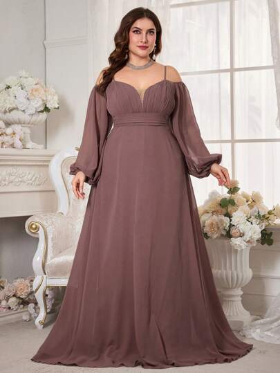 大码女士吊带露肩灯笼袖褶皱正式连衣裙