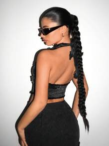SHEIN ICON Y2K Water Washed Halter Top có viền sờn và thiết kế hở lưng - Màu xám đen - Xem 2