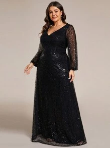 EVERPRETTY Váy dạ hội tay dài cổ chữ V đính sequin thanh lịch cỡ lớn dành cho nữ, màu đen, váy dự tiệc cưới mùa đông, váy dự tiệc tốt nghiệp, váy dự tiệc tối, váy đi nghỉ - màu đen - Xem 4