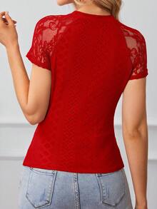 SHEIN Frenchy Quý cô Ren Vá lại Tay Raglan Áo thun - Đỏ - Xem 2