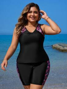 Swim Lushoire 夏季海滩加大码热带印花背心和平角泳衣套装 - 黑色 - 查看 3