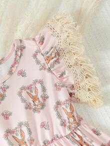 SHEIN Young Girls' Rabbit Print Round Neck Dress - Pink - View 5