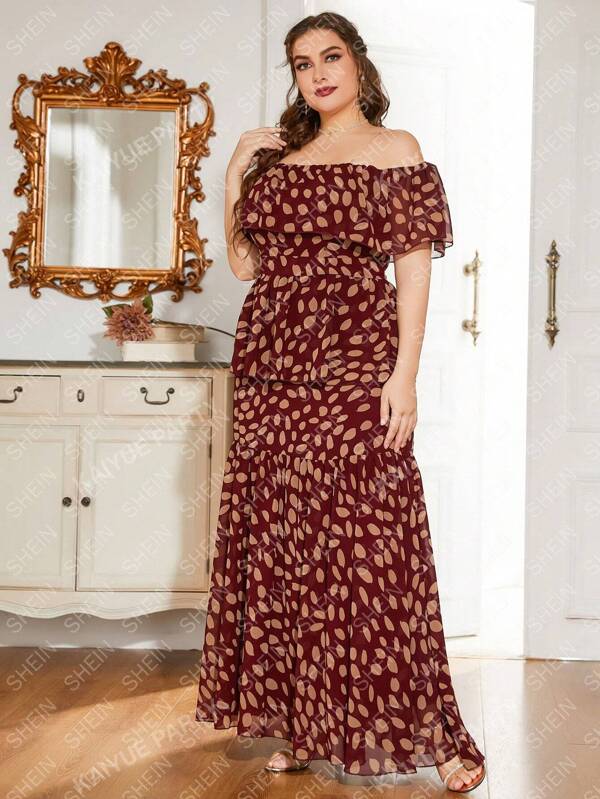 Vestido elegante de manga caída con estampado todo sobre en talla grande, otoño
