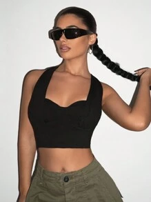 SHEIN ICON 女性甜心領修身背心y2k束腰黑色上衣 - 黑色 - 查看 4