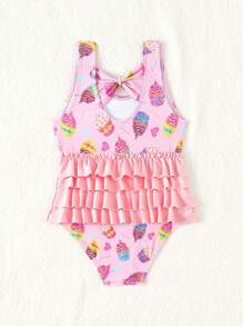 Young Girl's Layered Ruffle One-Piece Swimsuit With Cupcake Print - Multicolor - View 2