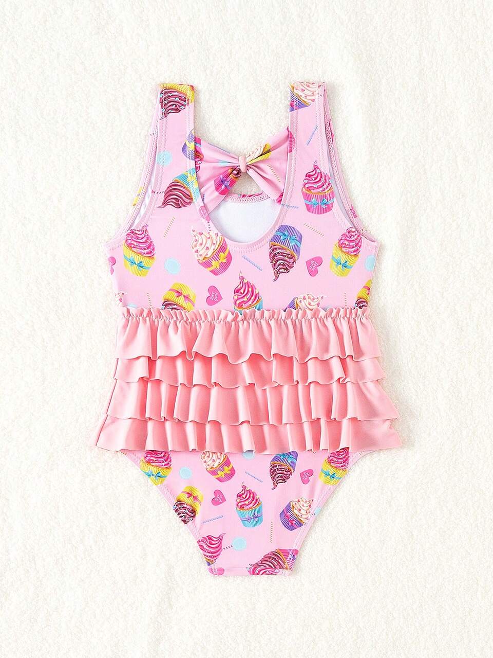 Young Girl's Layered Ruffle One-Piece Swimsuit With Cupcake Print