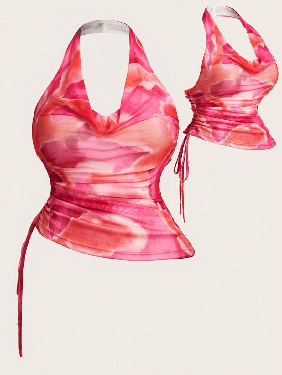 Flirla Plus Size Tie Dye Halter Backless Tank Top - Multicolor - View 1