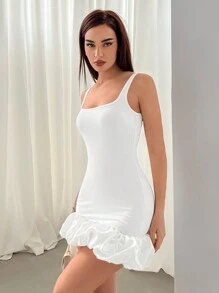 Aloruh Women's Solid Color A-Line Dress With Flared Hem Design - White - View 3