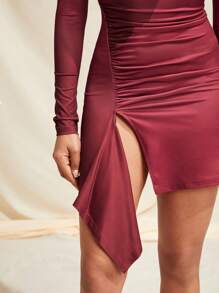 Ishaarah Designer Women's Hollow Out Ruched Split Hem Long Sleeve Elegant Dress, For Holiday, Party, Birthday Outfits, Spring, Festival, Wedding Prom Dress - Red - View 6