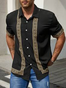 Manfinity Homme 男士加大尺寸馬賽克圖案拼接短袖襯衫，扣上圖案休閒襯衫適用於外出 - 彩色 - 查看 4