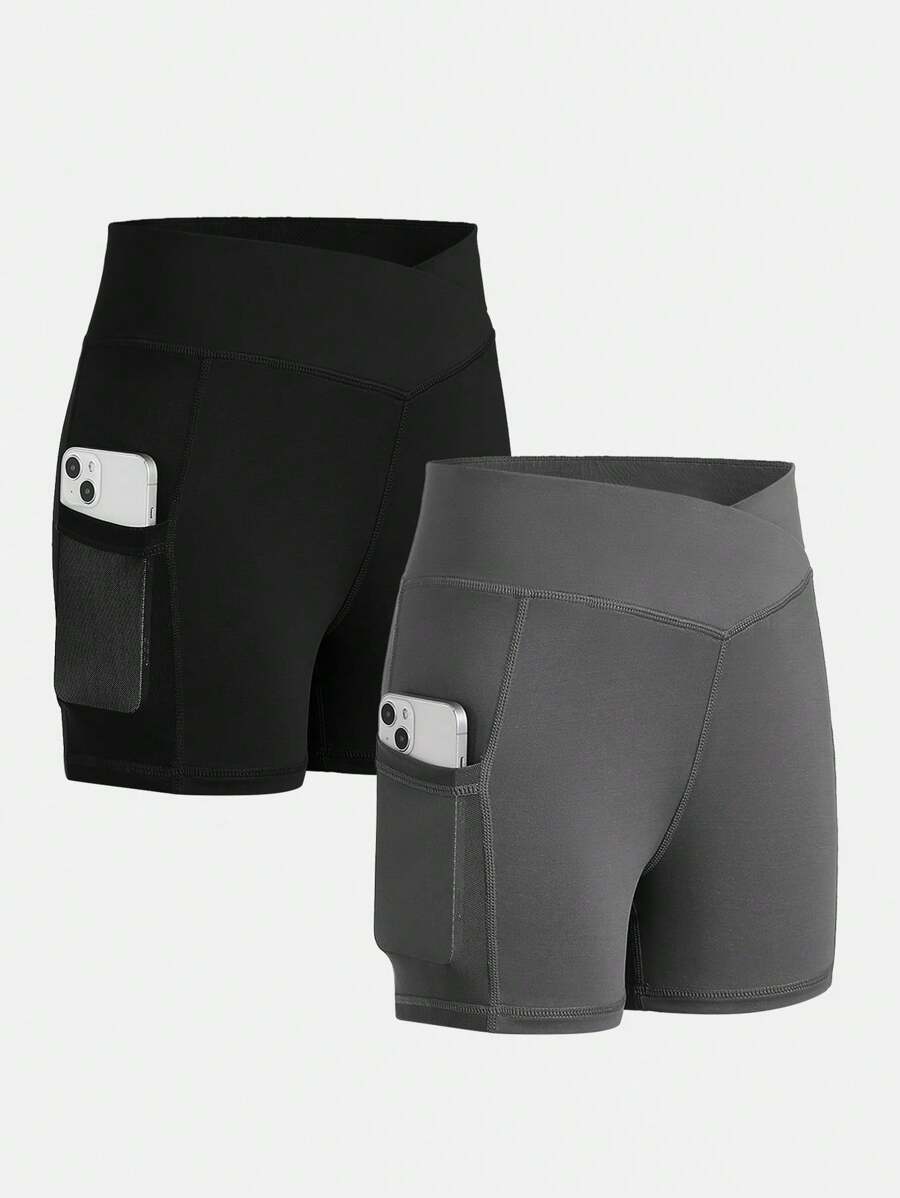 SHEIN Girlism Tween Girls' Knit Solid Color Fitted Casual Shorts 2pcs/Set - Multicolor - View 1