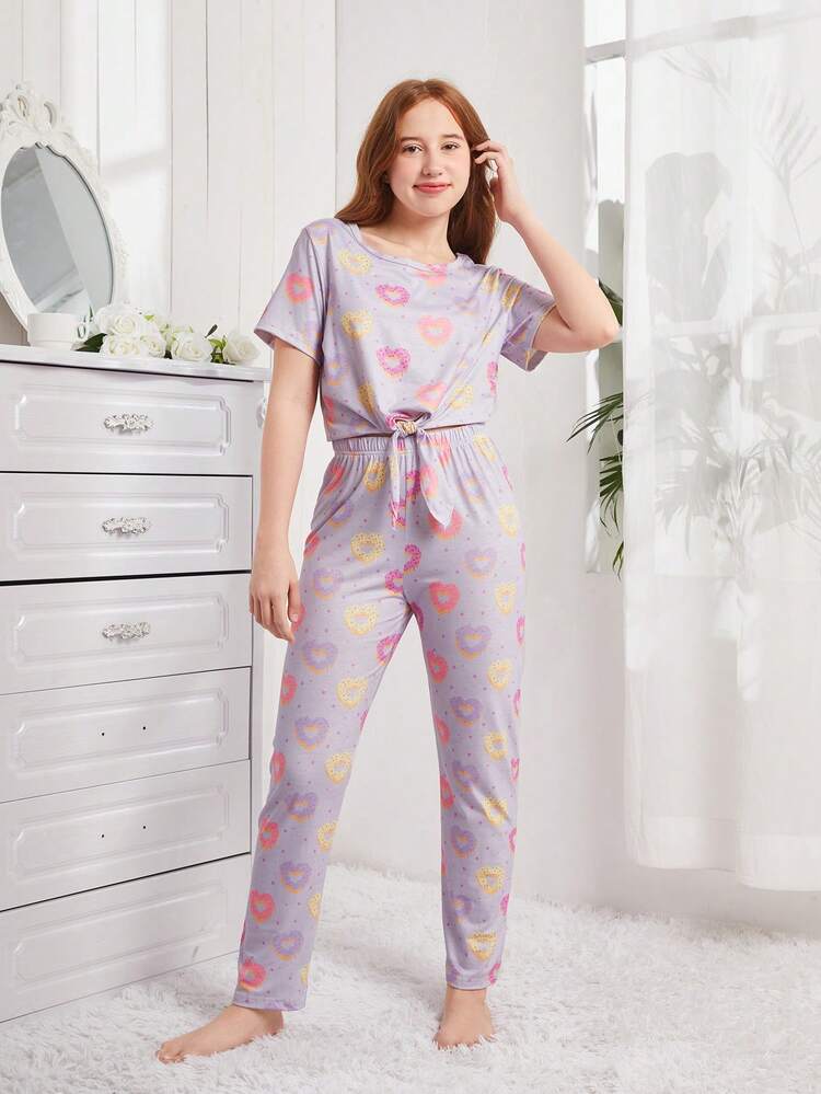 Teen Girls' Casual Loose Fit Homewear Set With Heart & Doughnut Pattern Printed Short-Sleeve T-Shirt And Long Pants