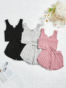 SHEIN Young Girls' Solid Color Ribbed Tank Top And Shorts Set - Multicolor - View 1