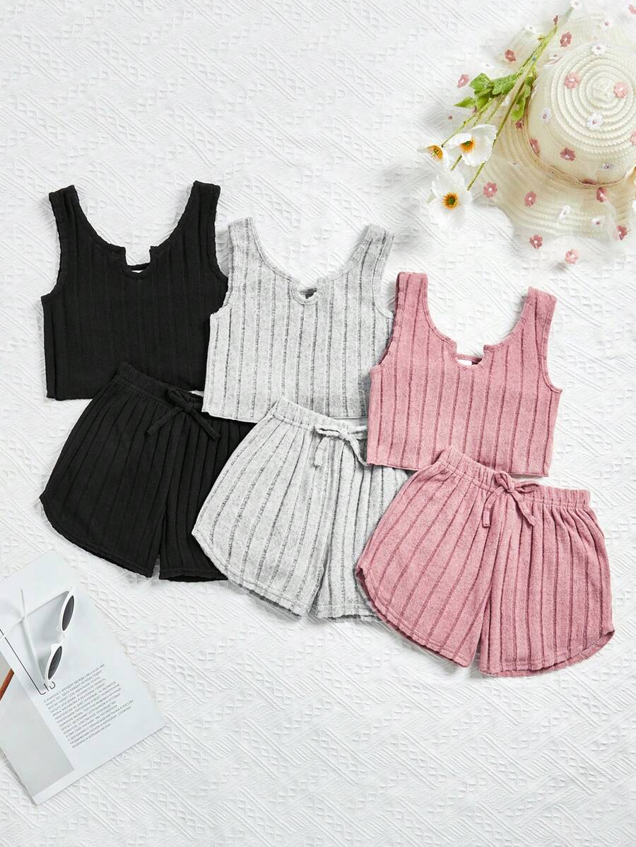 SHEIN Young Girls' Solid Color Ribbed Tank Top And Shorts Set - Multicolor - View 1