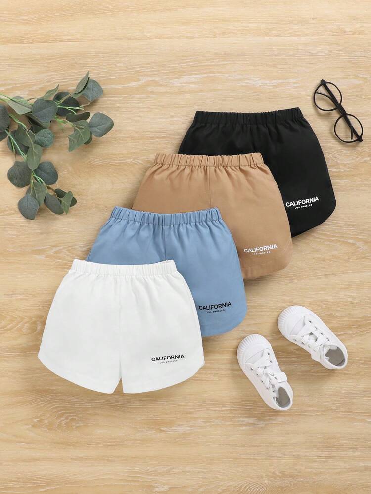 4pcs/Set Unisex Baby Boys' And Girls' Casual Elastic Waistband Letter Print Shorts For Summer