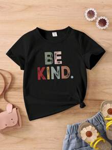 SHEIN 1件年輕女孩'be Kind'字母印花短袖t恤 - 黑色 - 查看 3