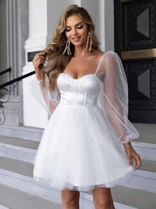 Joyfunear Women's Mesh Patchwork Sweetheart Collar Dress - White - View 5