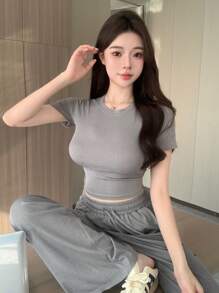 DAZY Bộ đồ hai mảnh mùa hè dành cho nữ, gồm áo thun ngắn tay cổ tròn và quần dài. - Xám - Xem 3