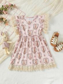 SHEIN Young Girls' Rabbit Print Round Neck Dress - Pink - View 1