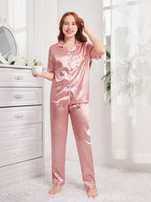 Conjunto de pijama de pantalón y blusa de manga corta de satén color coral rosado para adolescentes - Rosa coral - Ver 2