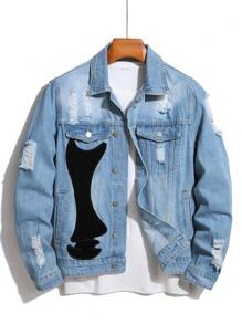 Manfinity Homme Men's Long Sleeve Denim Jacket With Distressed Details - Light Wash - View 1
