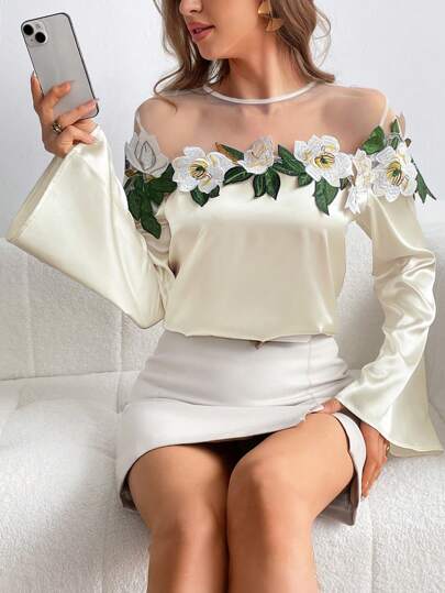 SHEIN Privé 女士花卉刺繡喇叭袖襯衫