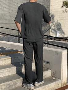 DAZY Nam Màu thuần Vòng cổ Áo thun Và Quần Mùa xuân/Mùa hè Bộ - Màu xám đen - Xem 2