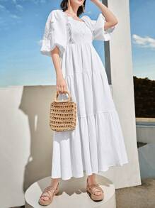 Seusyu Women's Lace Patchwork Puff Sleeve Dress - White - View 3