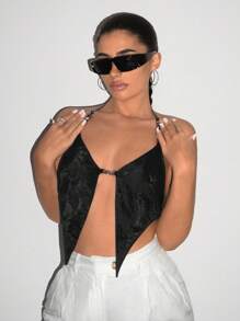 SHEIN ICON Áo dây buộc dây cổ xẻ lưng xẻ viền áo yếm bằng da Pu Y2K màu đen - màu đen - Xem 4