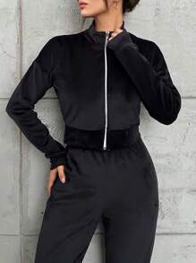 EURMUSE Women'S Zipper Front Jacket And Elastic Waist Long Pants Set - Black - View 4