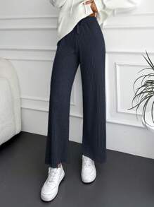 SHEIN Cottnline Ladies' Tie Waist Ribbed Wide Leg Pants - Navy Blue - View 1