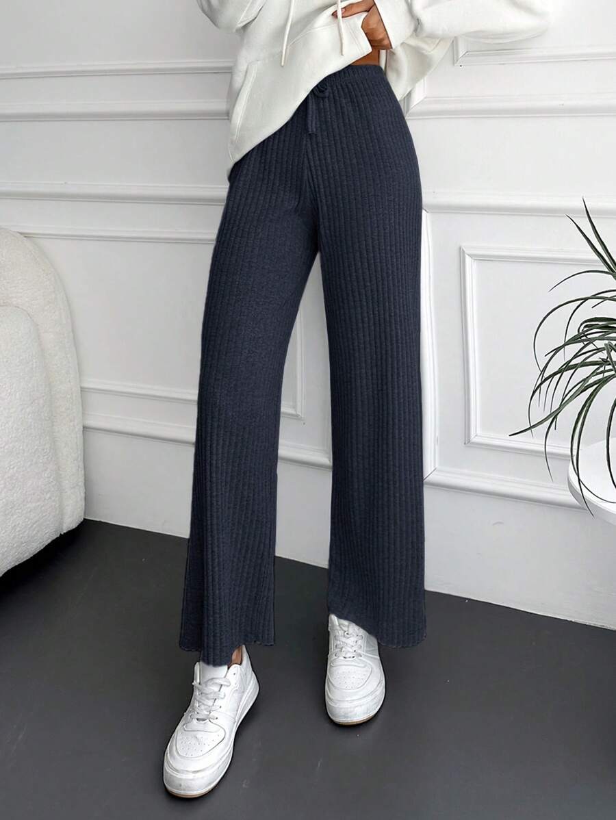 SHEIN Cottnline Ladies' Tie Waist Ribbed Wide Leg Pants - Navy Blue - View 1