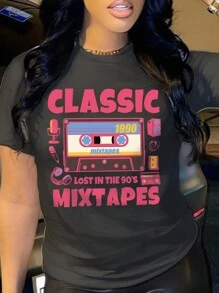 Maweii 大尺碼女士字母印花圓領短袖t恤 - 黑色 - 查看 1