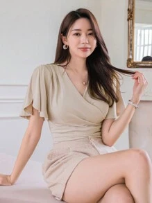 DAZY V-Neck Wrap-Front Short Sleeve T-Shirt Summer - Beige - View 1