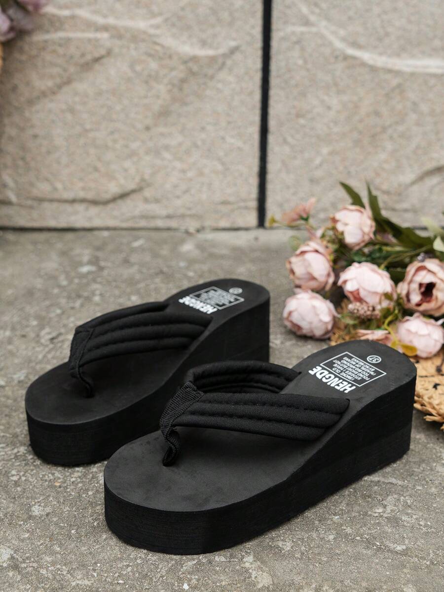 Women Thick-Soled Flip Flops, Fashion Beach Faux Suede Flip Flops,Slippers Women - Black - View 1